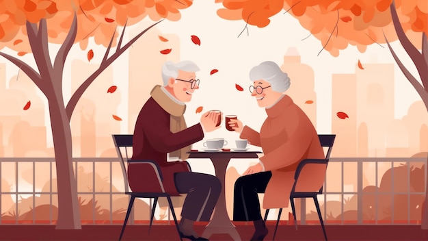 An illustration of a couple having coffee in a cafe.