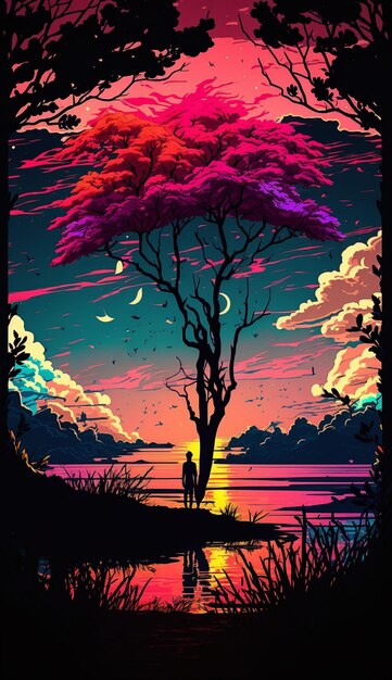 illustration of a couple standing under a tree at sunset generative ai