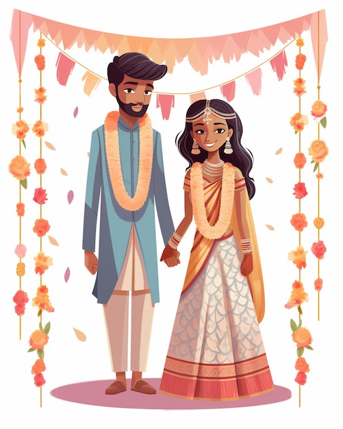 Photo illustration of a couple in traditional indian clothes standing under a floral arch generative ai