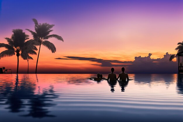 Illustration of a couple watching the tropical sunset in an infinity pool while on vacation Ai generated