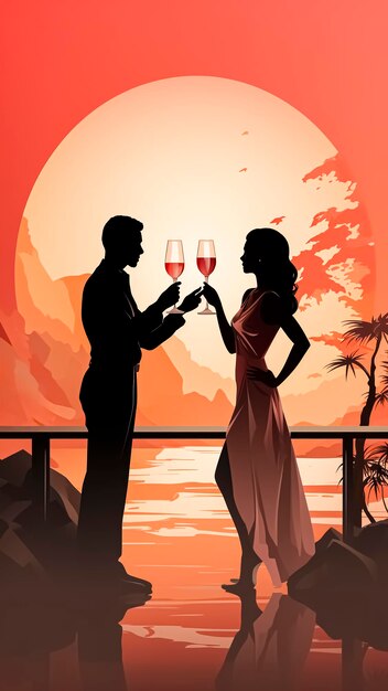 Illustration of couple with wine glasses on the terrace at sunset New year concept