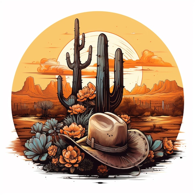 Photo illustration of a cowboy hat and cactus in a desert setting generative ai