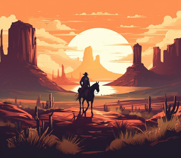 Photo illustration of a cowboy riding a horse in a desert with a sunset generative ai