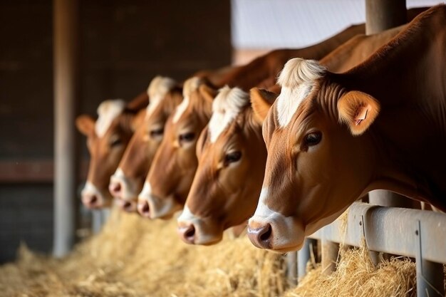 Photo illustration cows eating in the farm generative ai