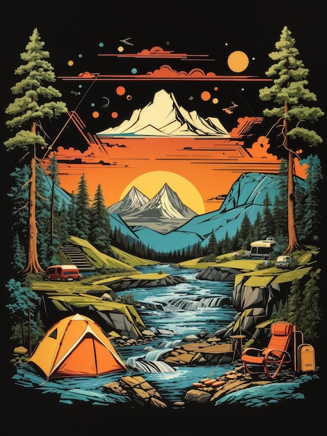 Foto illustrazione di un'accogliente scena di campeggio con un falò scoppiettante e una tenda sotto un cielo notturno stellato