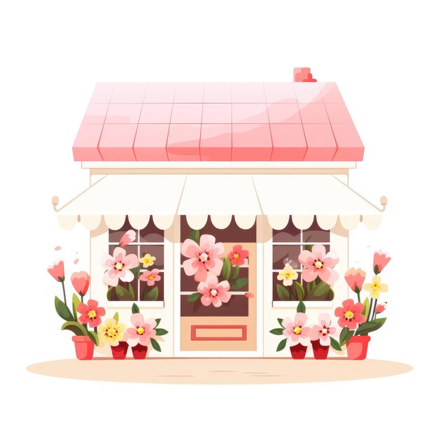 白い背景の街の快適な花屋のイラスト ロゴ