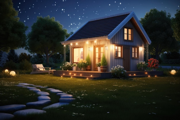 Illustration of a cozy house in the garden at night with lights 3D rendering of a small house on the grass with a lot of lights AI Generated