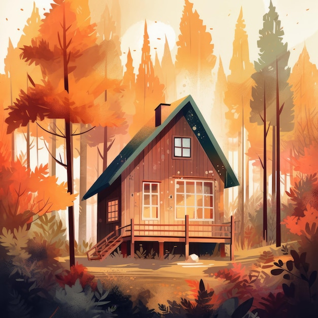 Illustration a cozy house in the woods a warm