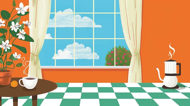 Foto un'illustrazione di un accogliente soggiorno con una grande finestra che si affaccia su una bella giornata