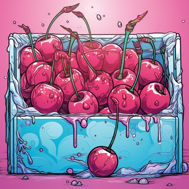 Illustration of a crate of cherries with dripping paint and a cherry generative ai