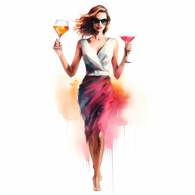 Foto illustrazione di un disegno a matita di una donna con un bicchiere di cocktail