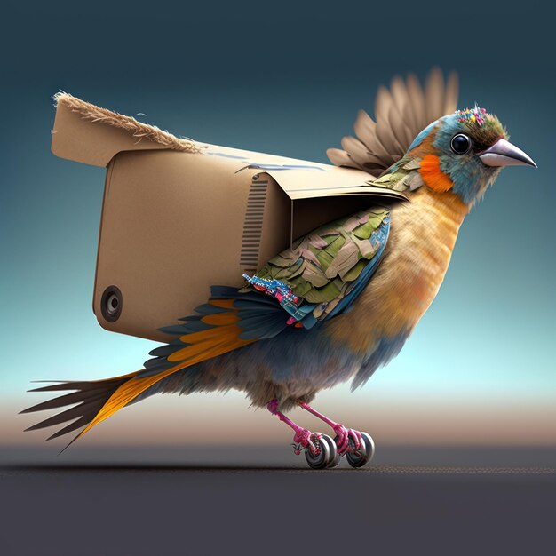 Illustration of a creative bird delivering a parcel in digital art style AI generation