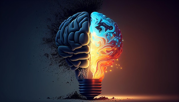 Illustration of a Creative Idea with a Brain and a Light Bulb Using Generative AI Technology Generative AI