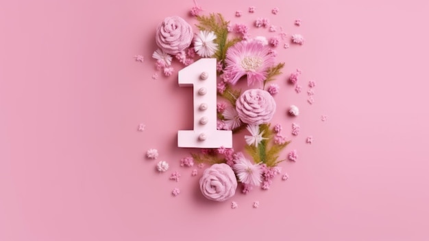 Illustration of a creative number 1 one with spring flowers on a pink background