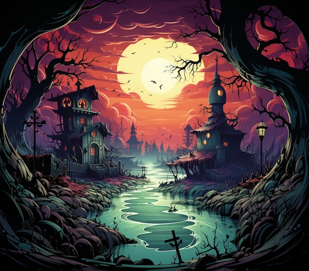 illustration of a creepy castle in a swamp with a full moon generative ai