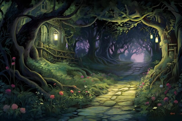 Illustration of a creepy dark forest with a path leading to the entrance