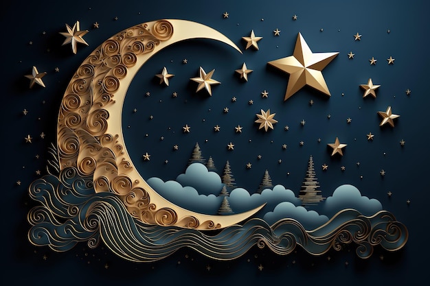 Foto illustrazione della mezzaluna e delle stelle dorate su uno sfondo blu scuro ai generativa