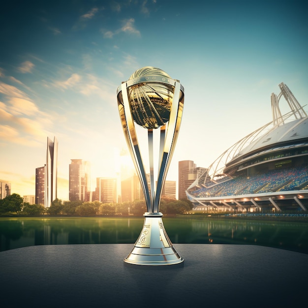 Photo illustration of cricket world cup trophy with cricket stadium background