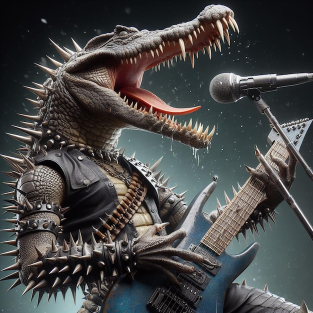 illustration of a crocodile playing guitar singing rock generated by AI