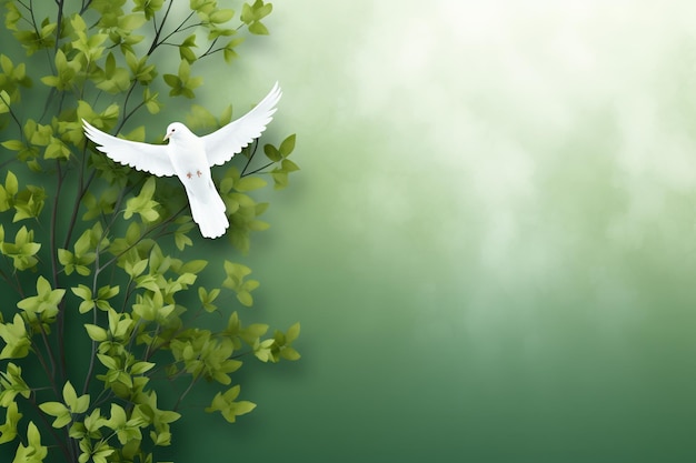 Photo illustration of cross with dove birch branches green background generative ai