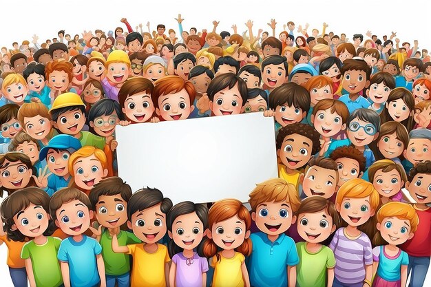 Photo illustration of crowd children cartoon with blank sign