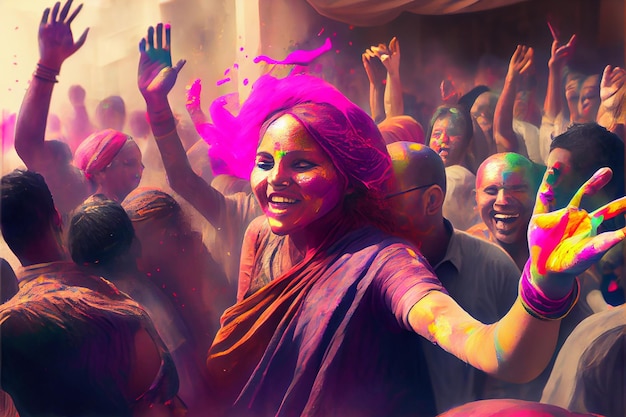 Illustration of crowd people having fun on holi celebrating outdoor in India