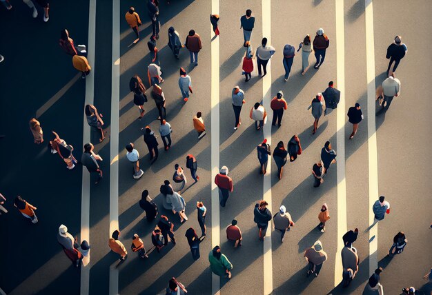 Photo illustration of crowd of people hurry in big city above view ai