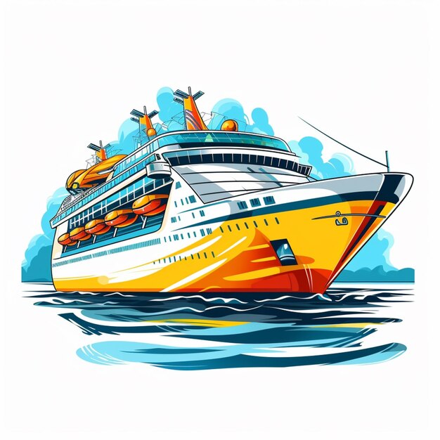 illustration of a cruise ship in the ocean with a blue sky and clouds generative ai