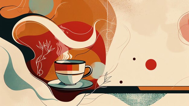 Foto un'illustrazione di una tazza di caffè su un piatto la tazza è bianca con un disegno geometrico rosso e blu il piatto è blu