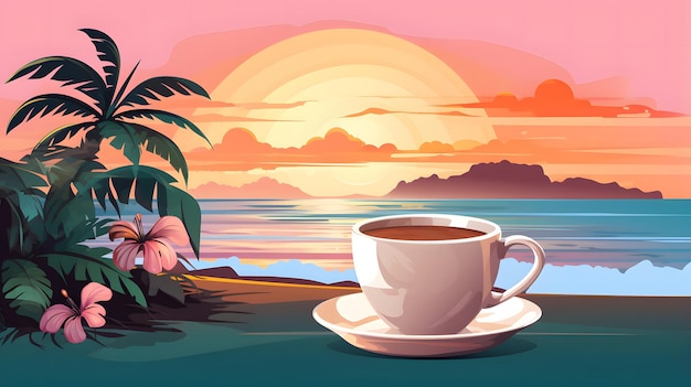 illustration of a cup coffee on a table in beach with flowers for the background wallpaper