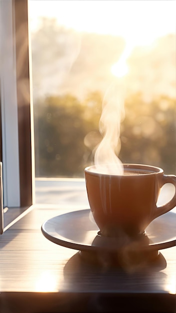 иллюстрация чашки кофе с красивым пейзажем на рассвете