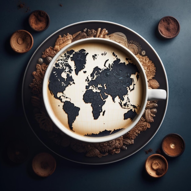 Photo illustration of a cup of coffee with coffee beans and latte art world map earth