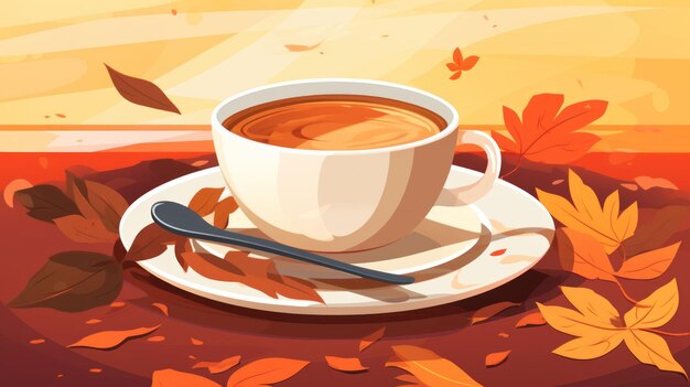 an illustration of a cup of coffee with leaves on the table