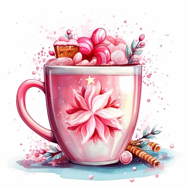 Illustration of a cup of coffee with a pink flower and sweets generative ai