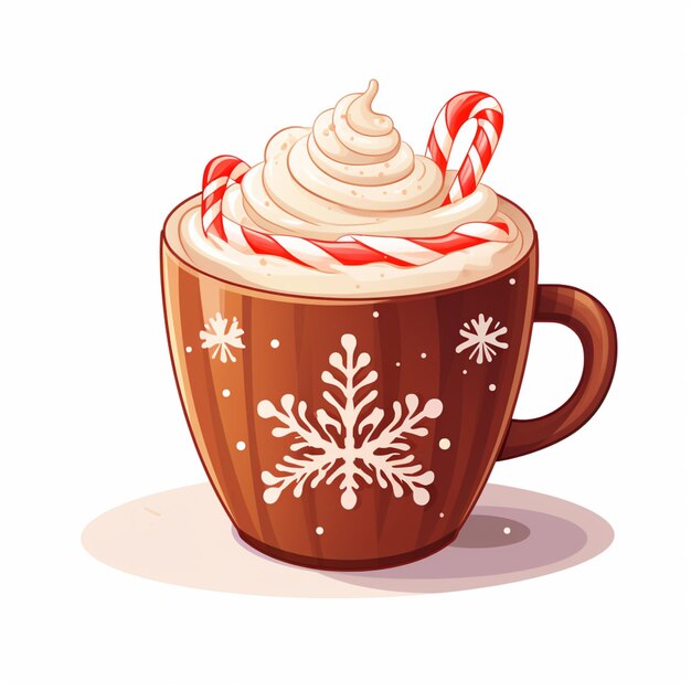 illustration of a cup of hot chocolate with whipped cream and candy cane generative ai