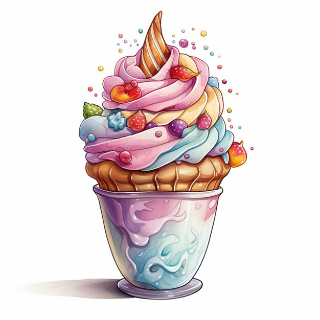 illustration of a cup of ice cream with a swirl and toppings generative ai