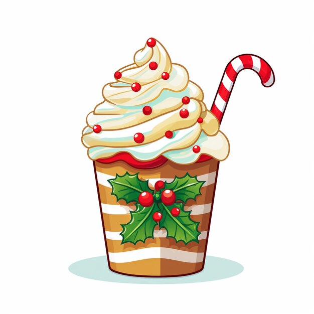 Illustration of a cupcake with a candy cane and holly leaves generative ai