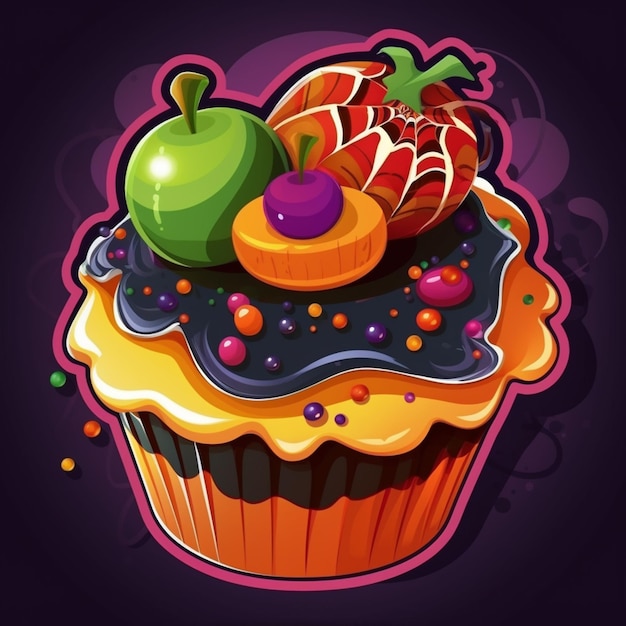 Illustration of a cupcake with fruit on top and sprinkles generative ai