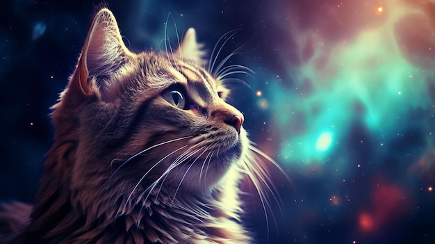 Illustration of a curious cat on abstract space background