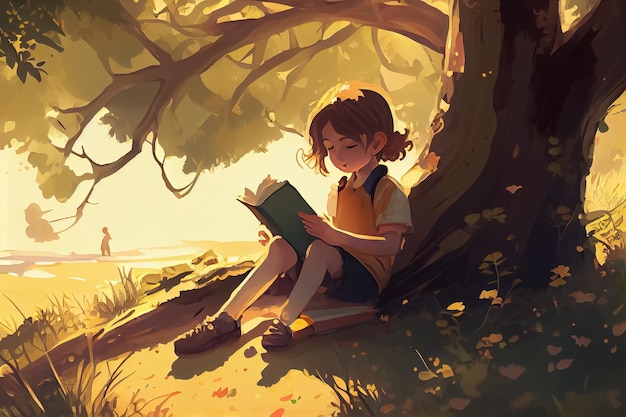 Illustration of curious child with book in a magical forest in the imagination AI