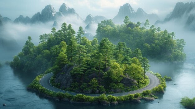 Illustration of curved road with floating forest land with mountains trees and animals isolated Landscape with jungle skyline compound path added