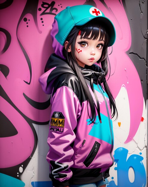 Illustration of cute 3d girl standing with wall graffiti background