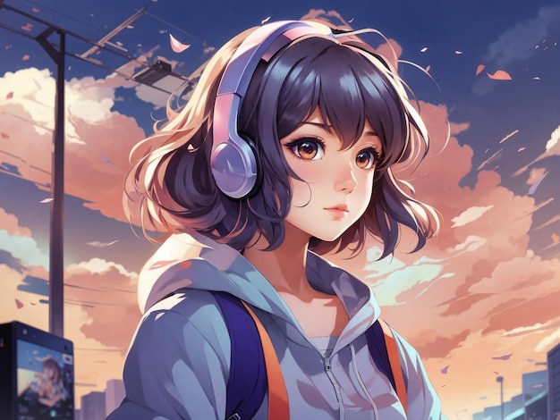 Photo illustration cute anime girl using headphone