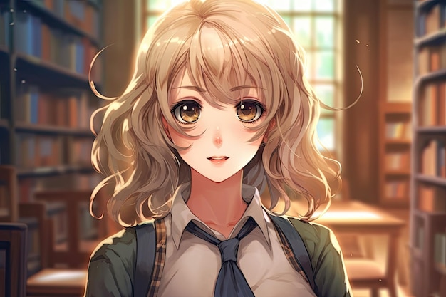 Illustration of a cute anime schoolgirl with blond hairs in library generative ai