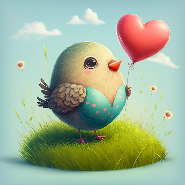 Foto illustrazione di uccello carino con cuore palloncino campi d'erba immagine di ai