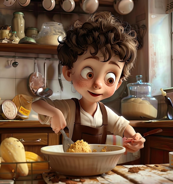 Illustration of a cute boy cooking