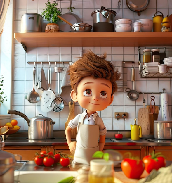 Illustration of a cute boy cooking