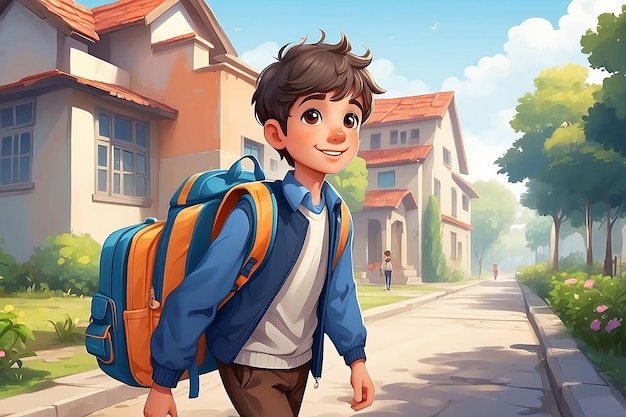 Иллюстрация милого мальчика, идущего в школу