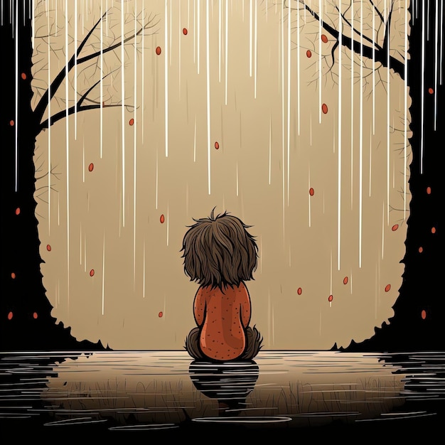 Photo an illustration of a cute boy sitting in the rain in the style of emotional expression