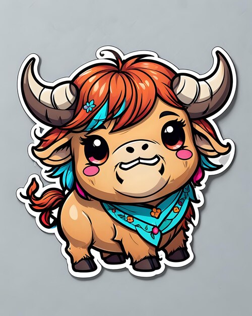 Illustration of a cute buffalo sticker with vibrant colors and a playful expression